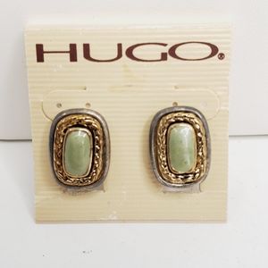 Vintage Green Stone Clip Earrings Hugo